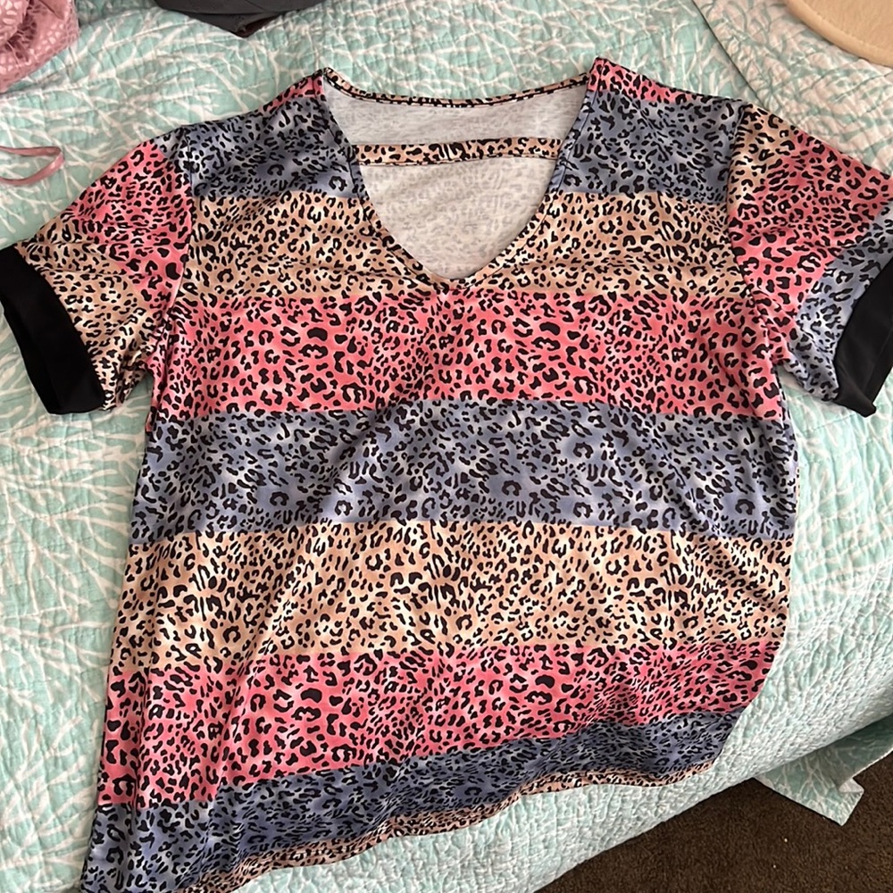 Blue, Pink, Black and Tan Cheetah print Top size S